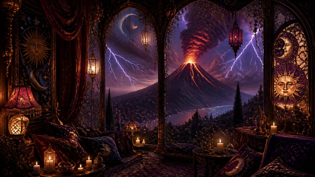an erupting volcano with lightning strikes, dramatic wide composition, no text — Whimsigoth Aesthetic YouTube thumbnail