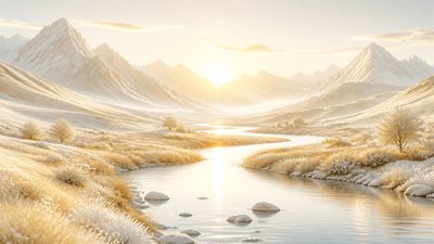a vast valley with a river winding toward distant mountains at sunrise, no people, no text — Clean Girl Aesthetic wallpaper