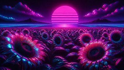 an endless field of sunflowers under summer clouds, no people — Synthwave Aesthetic wallpaper