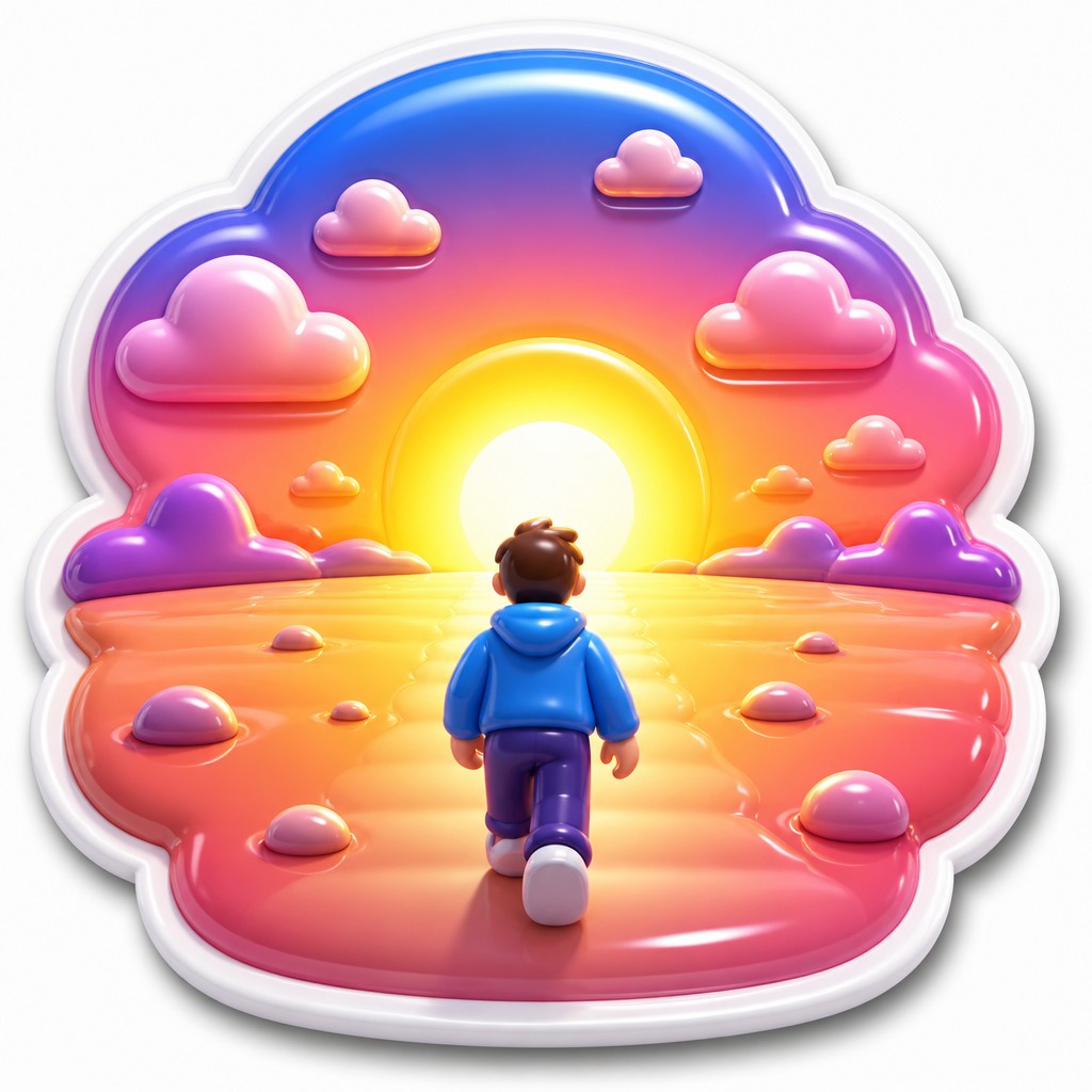 a solitary figure walking toward a glowing horizon across an empty plain, moody atmosphere, no text or lettering — 3D Puffy Sticker Design album cover