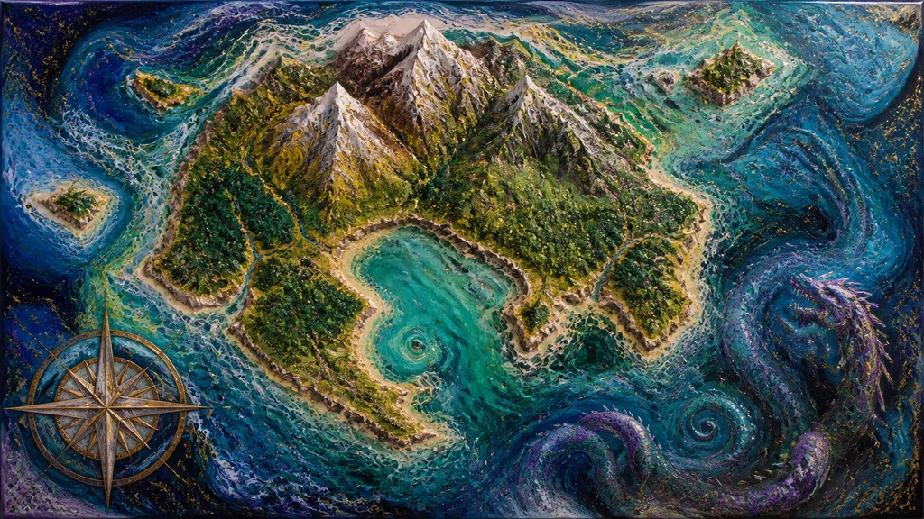 a map of an island realm with mountains, forests, a sheltered bay, sea monsters in the water and a compass rose, no text labels — Fluid Abstract Art Style fantasy map