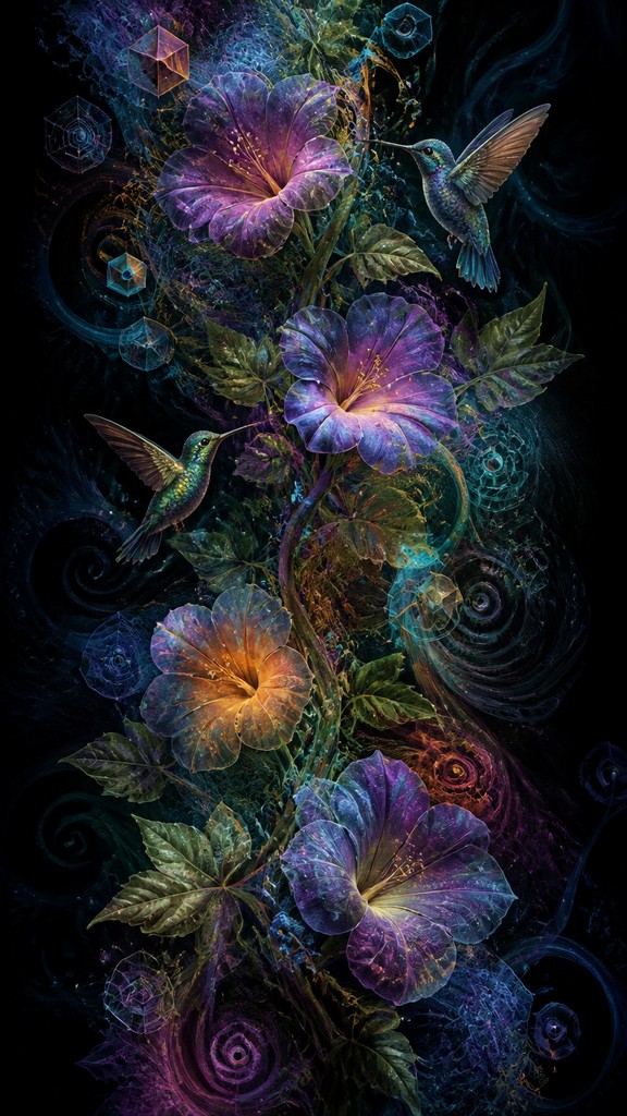 a climbing vine of flowers and hummingbirds on a dark background, tall wrapping composition, no text — Neural Network Digital Art Style phone case design
