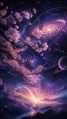 cherry blossom branches against a soft dawn sky, no people — Spacecore Aesthetic wallpaper