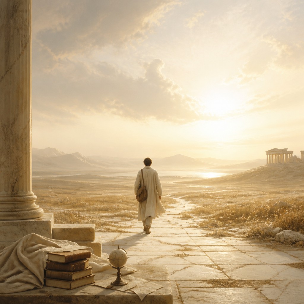 a solitary figure walking toward a glowing horizon across an empty plain, moody atmosphere, no text or lettering — Light Academia Aesthetic album cover