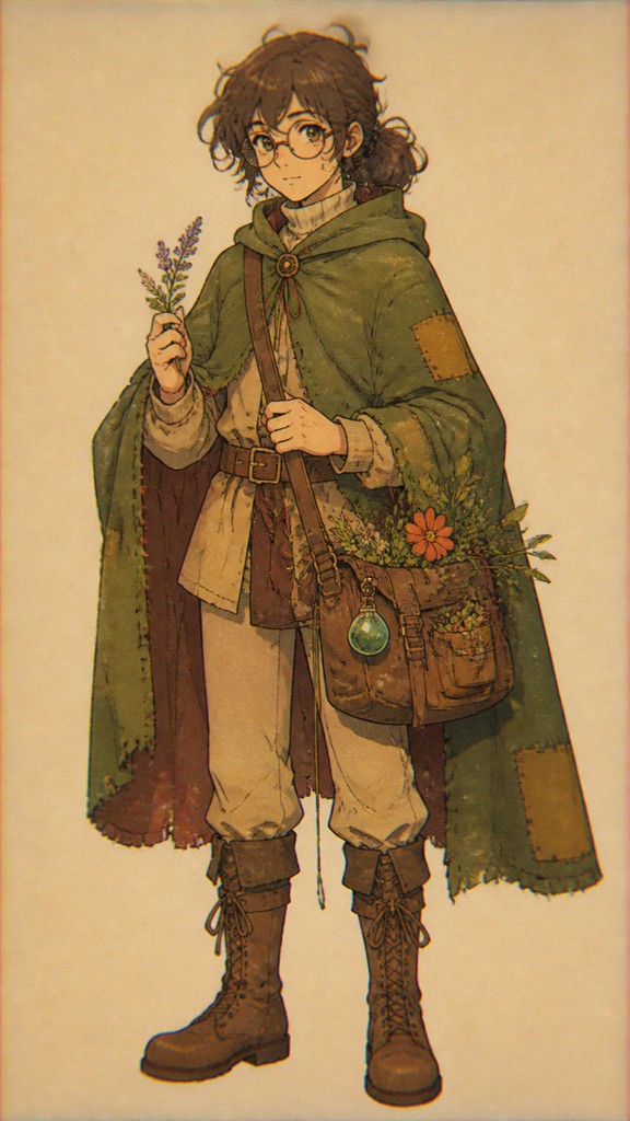 full-body original character: a wandering botanist with a satchel of plants, a patched green cloak, tall boots and round glasses, neutral background — Vintage Retro Anime Art Style character design