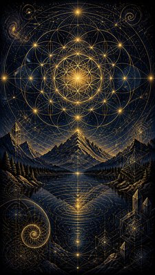 a tranquil mountain lake beneath a starry night sky, no people, no text — Sacred Geometric Art wallpaper