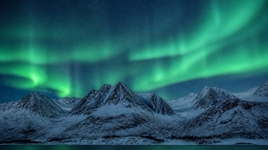 a flowing aurora over snowy peaks, wide sweeping composition, no people, no text — Realism Art Style banner