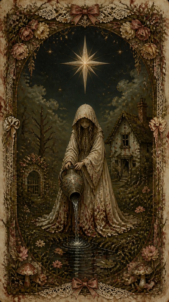 a robed figure pouring water beneath a large eight-pointed star in a night sky, symmetrical composition with an ornate decorative border, no text — Dark Cottagecore Aesthetic tarot card