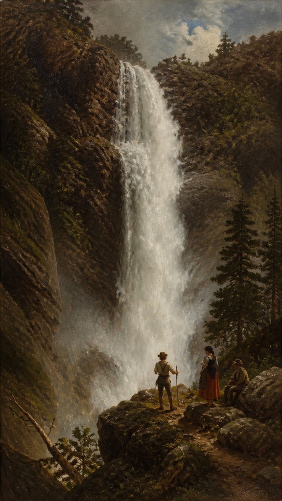 towering waterfall cascading down a cliff — Munich School Art Style