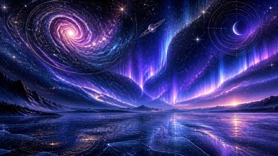a sweeping aurora over a frozen lake, no people — Spacecore Aesthetic wallpaper