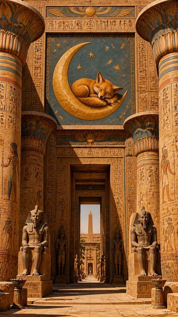 a sleeping baby fox curled on a crescent moon among soft stars, gentle and warm, no text — Ancient Egyptian Architecture baby announcement