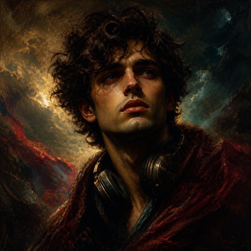 head-and-shoulders portrait of an original character: a young man with curly dark hair and headphones around his neck, plain backdrop, no text — Romantic Classical Art Style Discord profile picture
