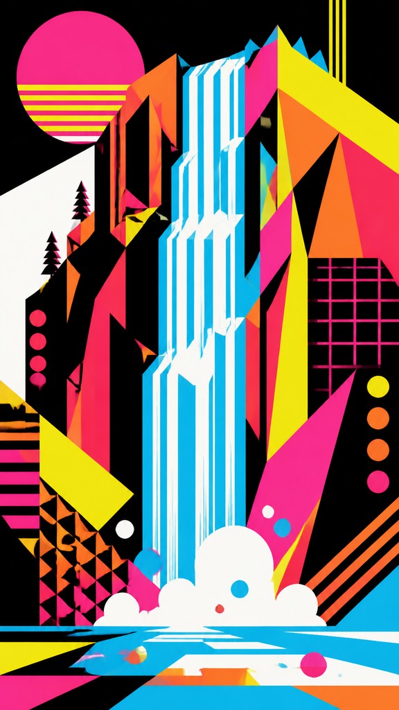 towering waterfall cascading down a cliff — Neo-Geo Art Style