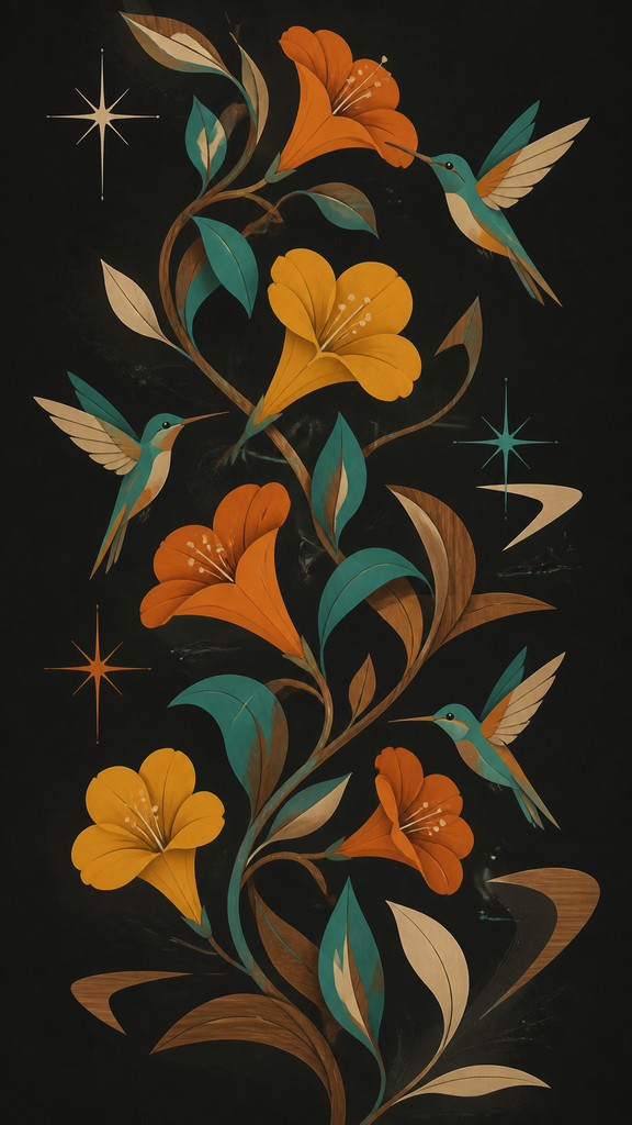 a climbing vine of flowers and hummingbirds on a dark background, tall wrapping composition, no text — Mid-Century Modern Furniture Art phone case design