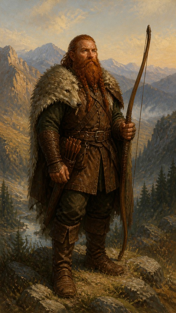 full-body original character: a dwarven ranger with a braided auburn beard, worn leather armor, a longbow and a wolf-pelt cloak, neutral background, no text — Landscape Nature Art tabletop character portrait