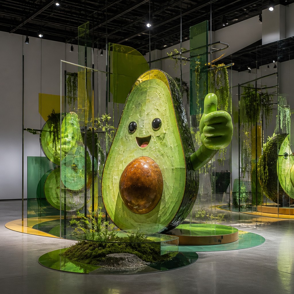 a happy avocado character giving a thumbs up, bold readable design on a plain background, no text — Installation Art Style sticker