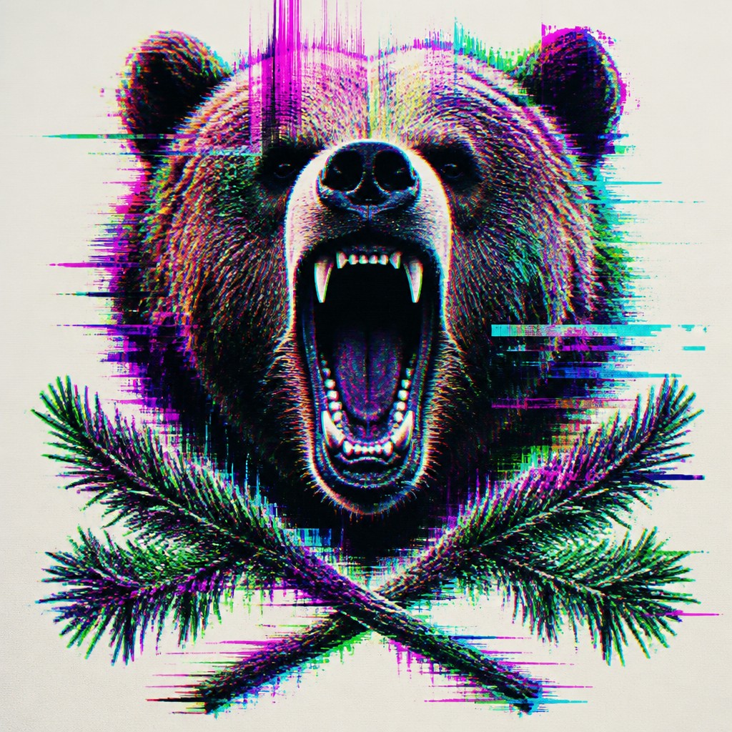 a roaring bear head above crossed pine branches, bold graphic composition on a plain background, no text — Digital Glitch Abstract Art Style t-shirt design