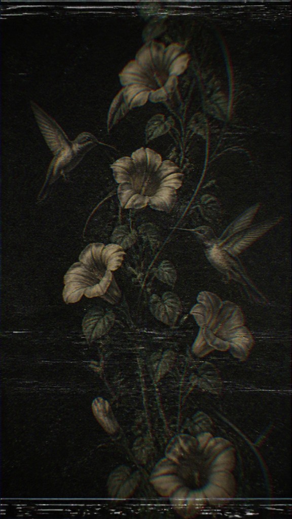 a climbing vine of flowers and hummingbirds on a dark background, tall wrapping composition, no text — Analog Horror Aesthetic phone case design