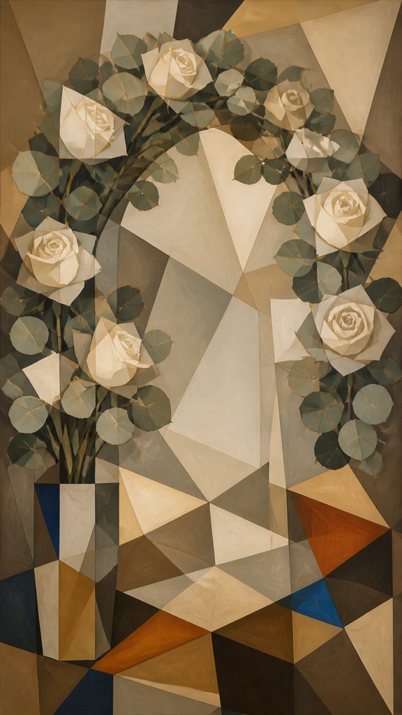 an arch of white roses and eucalyptus in soft morning light, elegant vertical composition with open space, no text — Cubist Still Life Art Style wedding invitation
