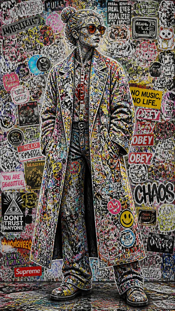full-length portrait of an elegant figure — Sticker Bomb Street Art Style