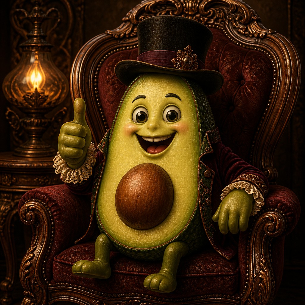 a happy avocado character giving a thumbs up, bold readable design on a plain background, no text — Victorian Furniture Art sticker