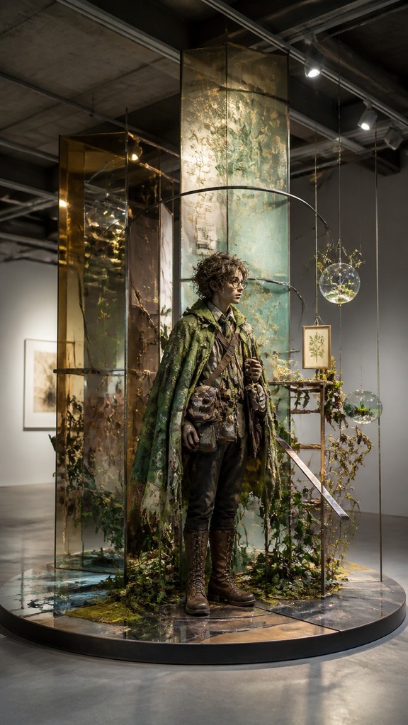 full-body original character: a wandering botanist with a satchel of plants, a patched green cloak, tall boots and round glasses, neutral background — Installation Art Style character design