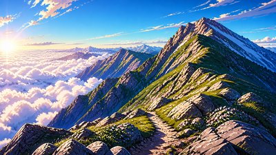 a wide alpine ridge above a sea of clouds, no people — Anime Art Style wallpaper