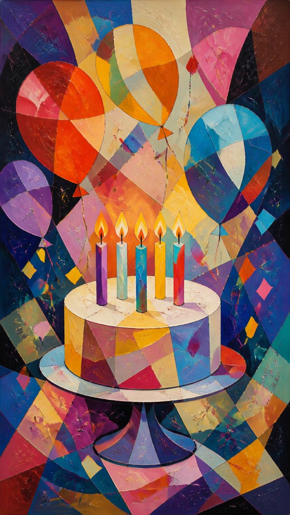 a birthday cake with lit candles surrounded by balloons and confetti, festive vertical composition, no text — Abstract Still Life Art Style birthday card