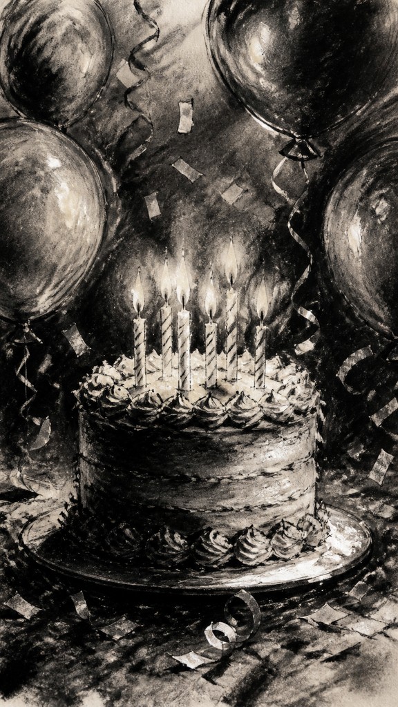 a birthday cake with lit candles surrounded by balloons and confetti, festive vertical composition, no text — Charcoal Portrait Art Style birthday card
