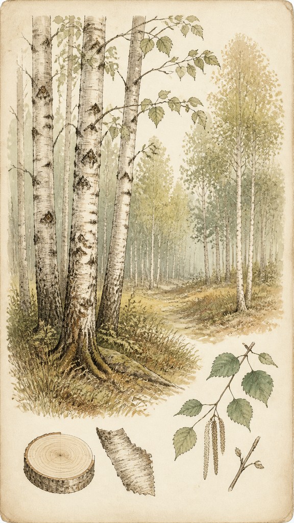 a serene birch forest in soft morning light, no people, no text — Traditional Botanical Still Life Art Style wall art print