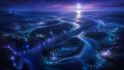 a wide river delta seen from above at sunset, no people — Lunarpunk Aesthetic wallpaper