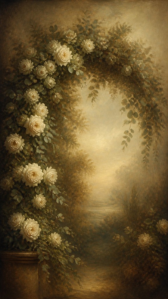 an arch of white roses and eucalyptus in soft morning light, elegant vertical composition with open space, no text — Sfumato Portrait Renaissance Art Style wedding invitation