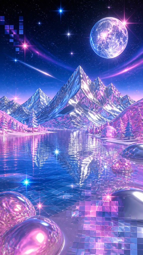 a tranquil mountain lake beneath a starry night sky, no people, no text — Y2K Aesthetic phone wallpaper