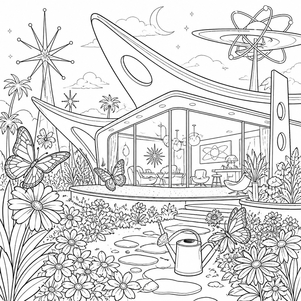 a garden scene with butterflies, flowers and a watering can, clean uncolored line art, no text — Googie Architecture coloring page