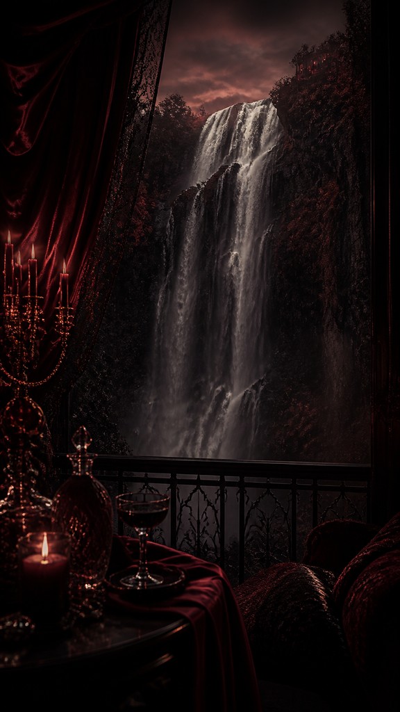 towering waterfall cascading down a cliff — Dark Feminine Aesthetic