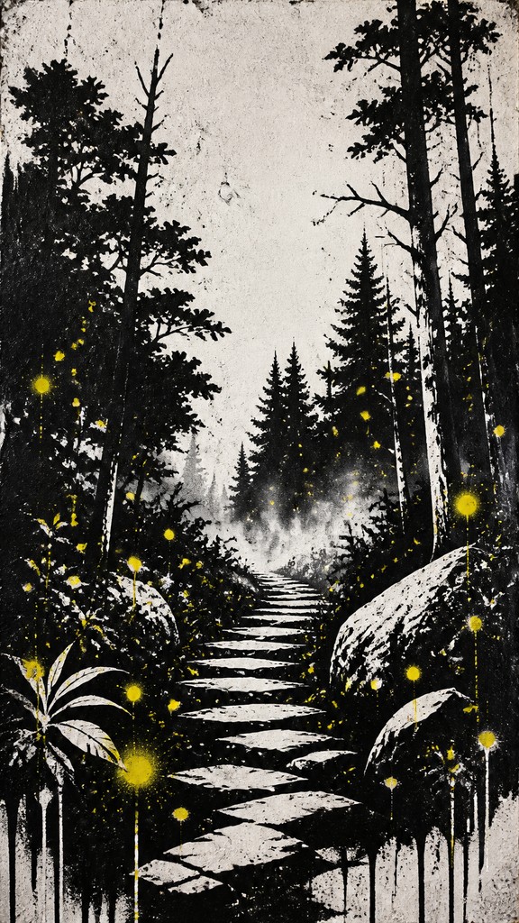 a mysterious forest path with fireflies and drifting mist, atmospheric vertical composition with open space at the top, no text — Stencil Street Art Style book cover
