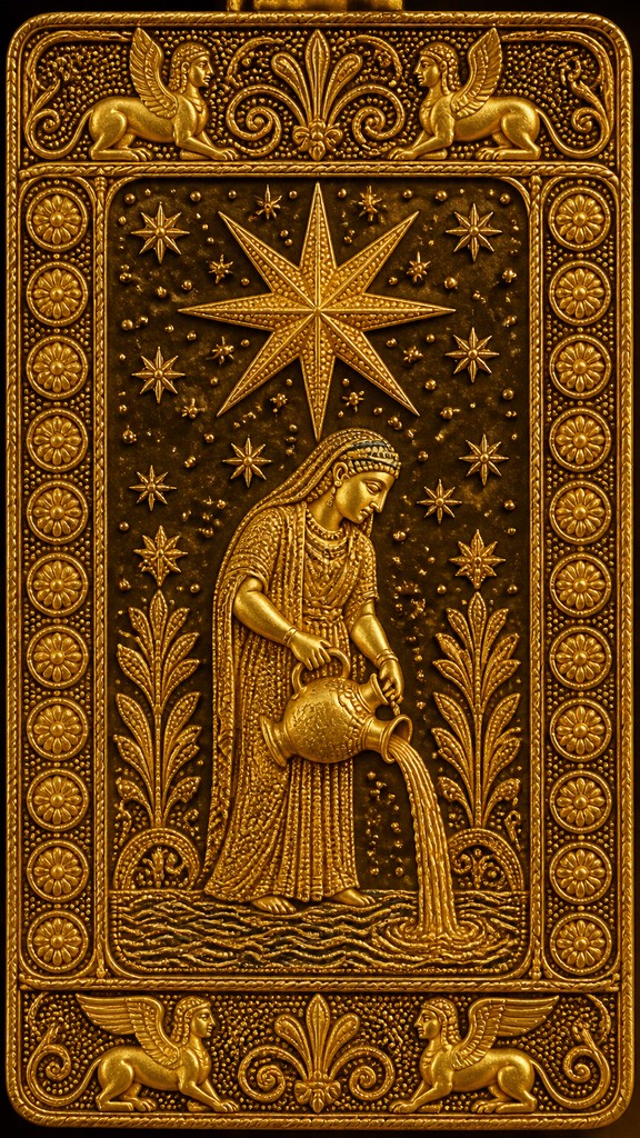 a robed figure pouring water beneath a large eight-pointed star in a night sky, symmetrical composition with an ornate decorative border, no text — Etruscan Granulation Jewelry Style tarot card