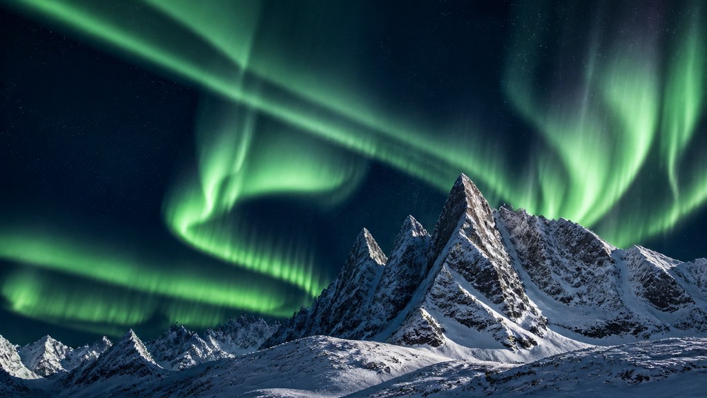 a flowing aurora over snowy peaks, wide sweeping composition, no people, no text — Photorealism Art Style banner