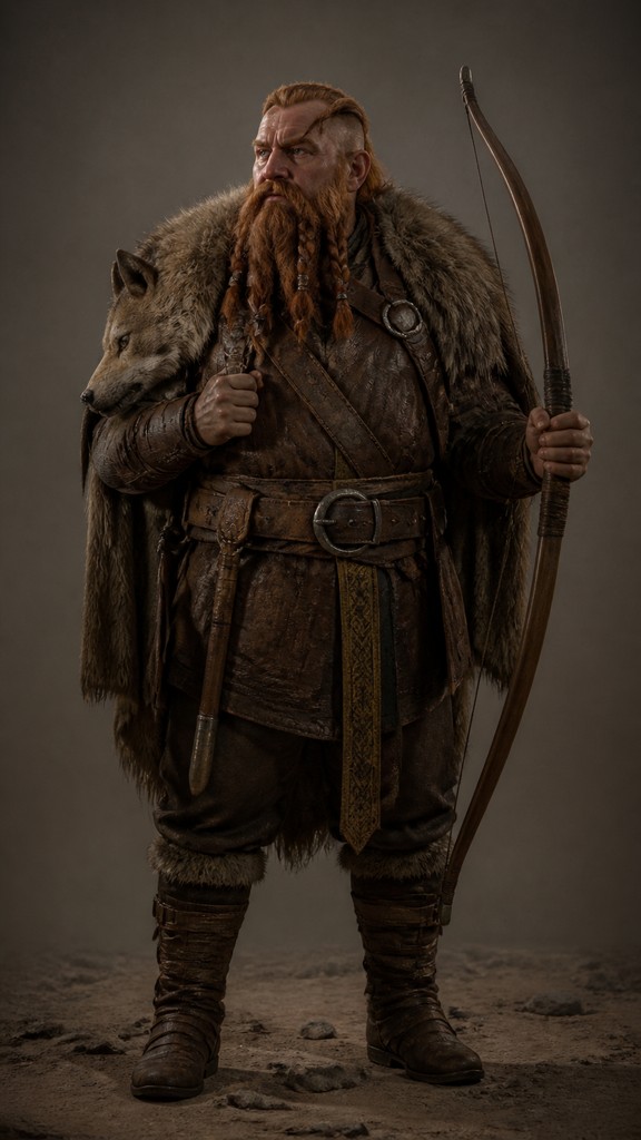 full-body original character: a dwarven ranger with a braided auburn beard, worn leather armor, a longbow and a wolf-pelt cloak, neutral background, no text — VFX Compositing Digital Art Style tabletop character portrait