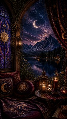 a tranquil mountain lake beneath a starry night sky, no people, no text — Whimsigoth Aesthetic wallpaper