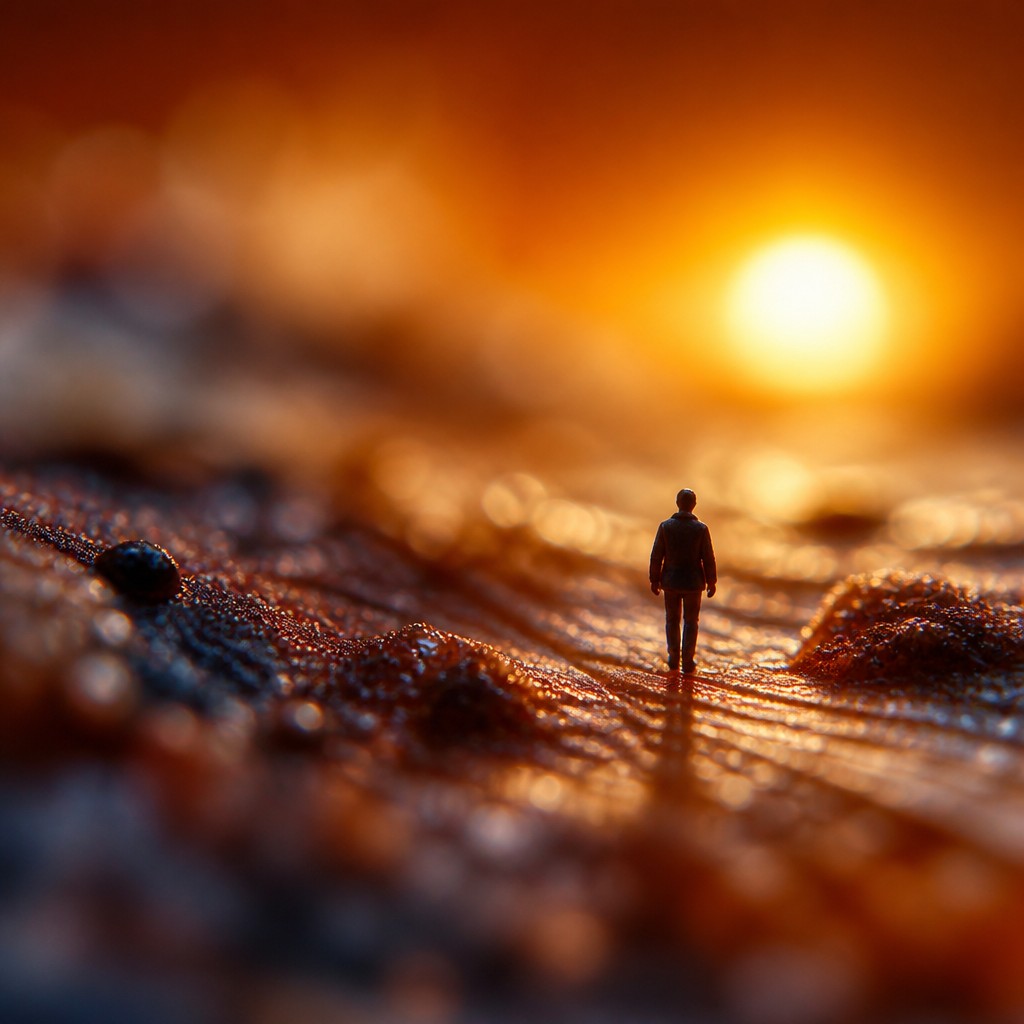 a solitary figure walking toward a glowing horizon across an empty plain, moody atmosphere, no text or lettering — Macro Photography Style album cover