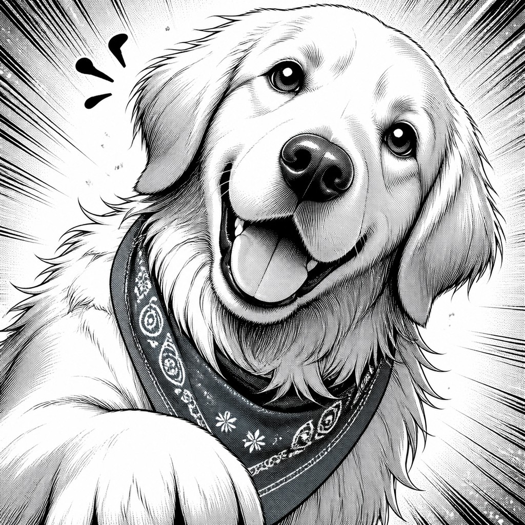 portrait of a golden retriever wearing a blue bandana, warm plain backdrop, no text — Manga Comic Art pet portrait