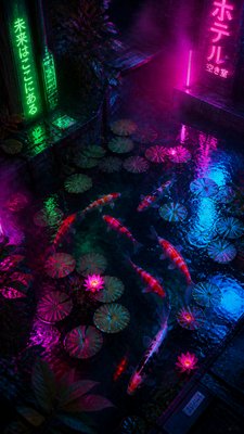 a koi pond with lily pads seen from above, no people — Cyberpunk Art Style wallpaper