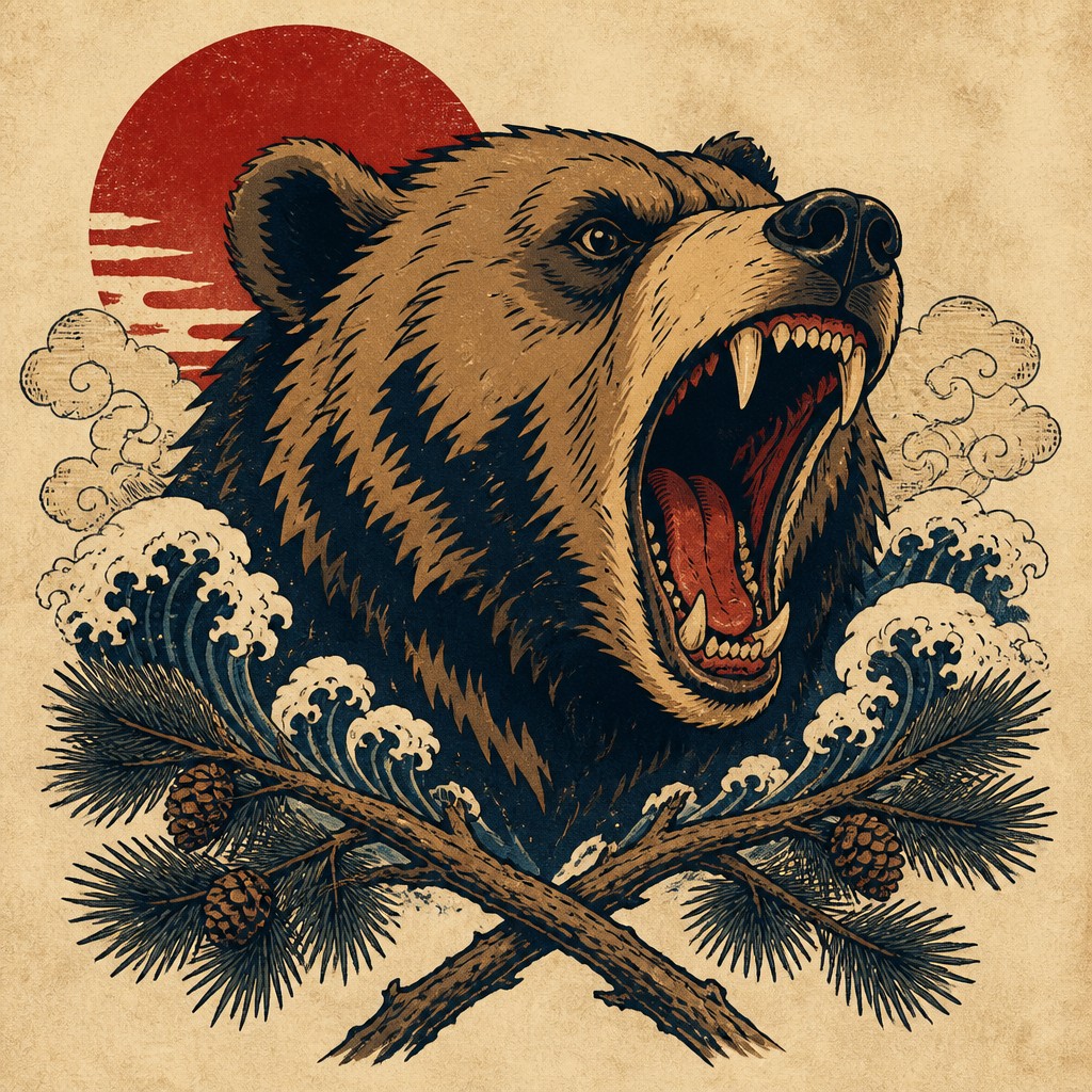 a roaring bear head above crossed pine branches, bold graphic composition on a plain background, no text — Ukiyo-e Anime Fusion Portrait t-shirt design