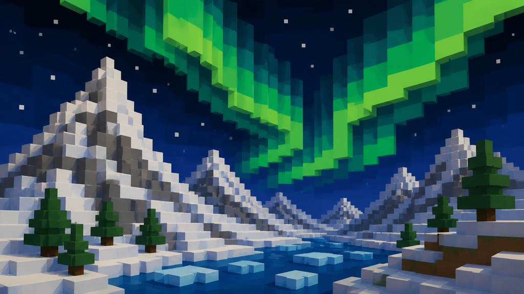 a flowing aurora over snowy peaks, wide sweeping composition, no people, no text — Blocky Art Style banner