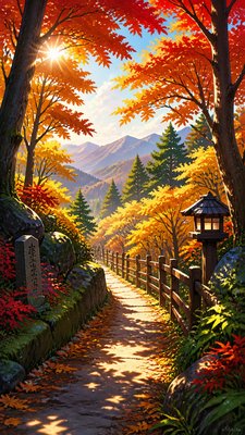a winding forest path in golden autumn light, no people — Anime Art Style wallpaper