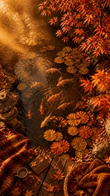 a koi pond with lily pads seen from above, no people — Autumncore Aesthetic wallpaper