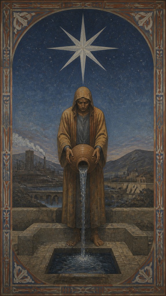 a robed figure pouring water beneath a large eight-pointed star in a night sky, symmetrical composition with an ornate decorative border, no text — Social Realist Figurative Art Style tarot card