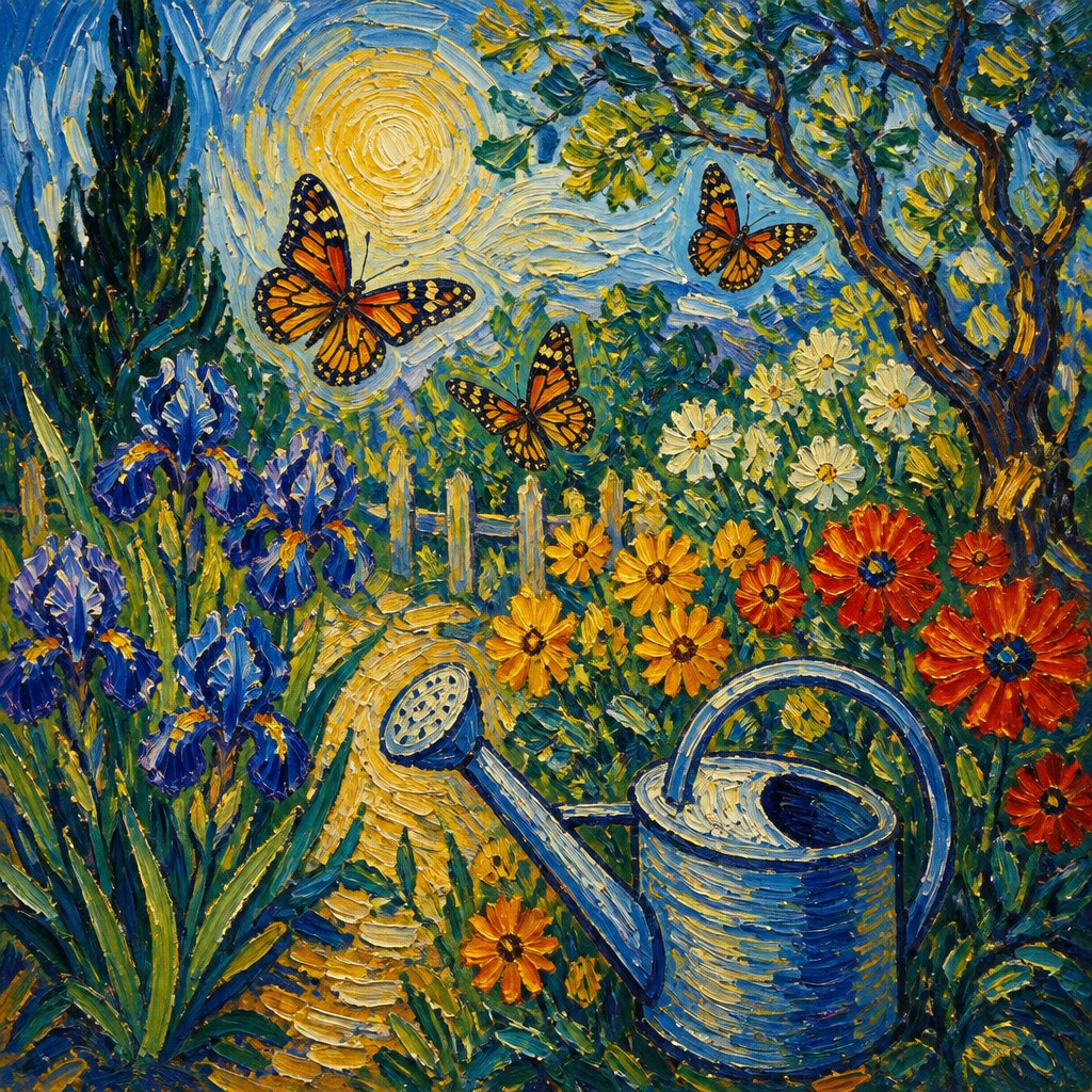 a garden scene with butterflies, flowers and a watering can, clean uncolored line art, no text — Post-Impressionism Art Style coloring page