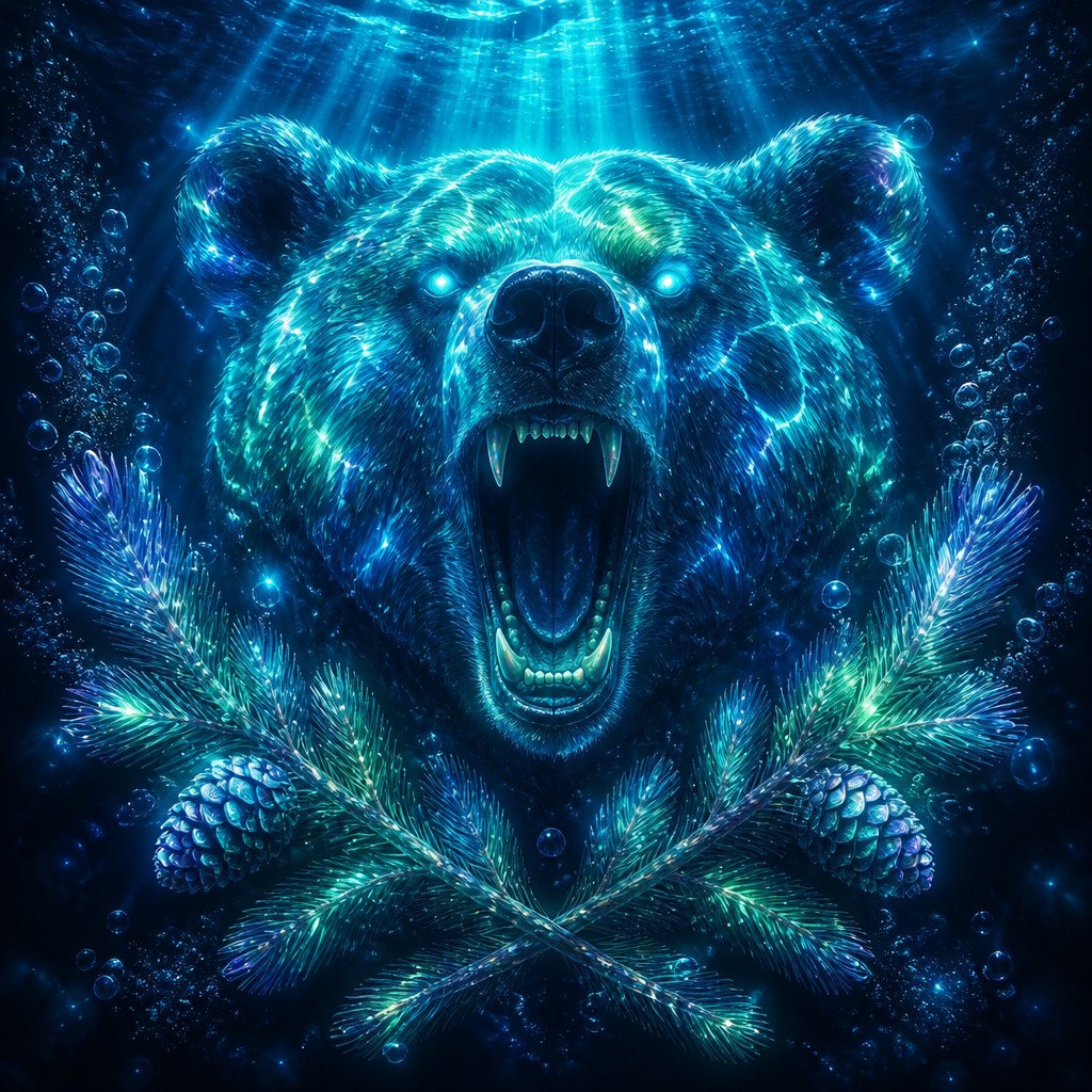 a roaring bear head above crossed pine branches, bold graphic composition on a plain background, no text — Underwater Fantasy Art t-shirt design